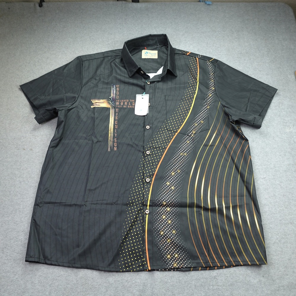 Royaura Shirt Mens XL Black Religious Cross Graphic Button Up Hawaiian